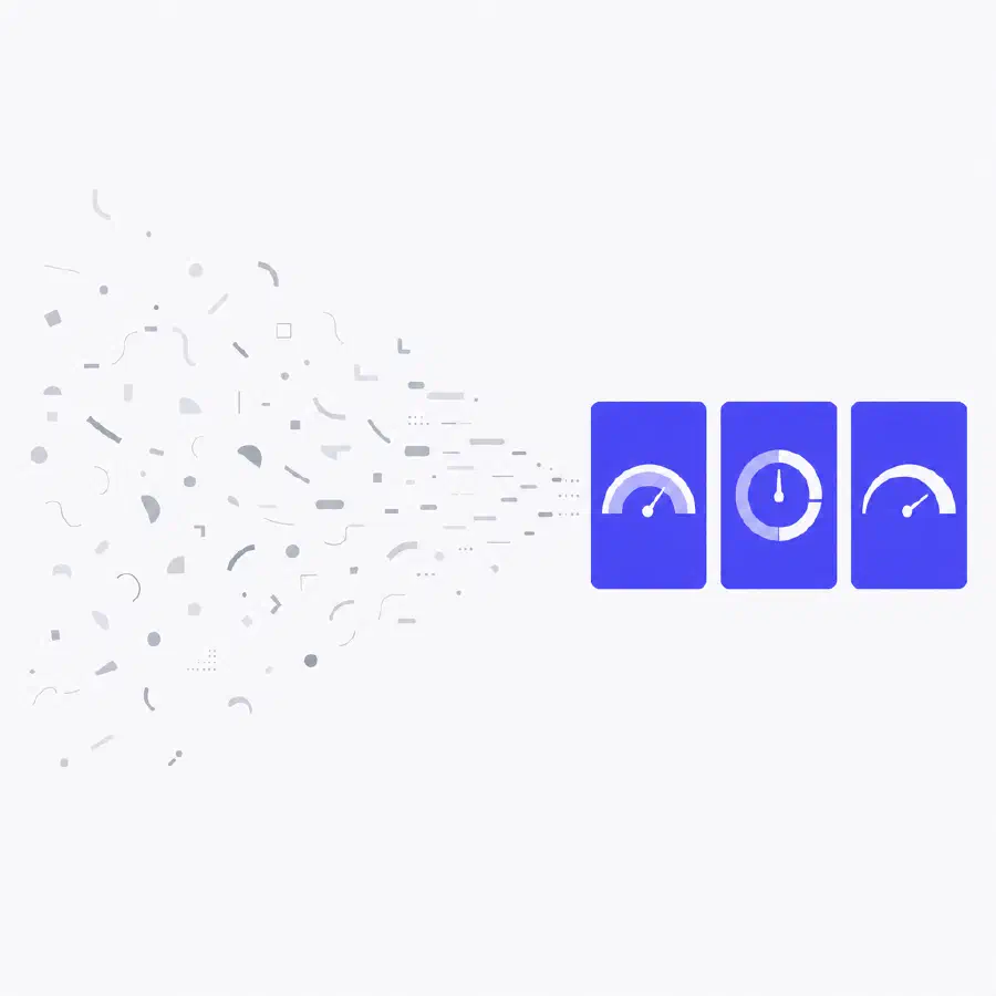 Ilustração flat: um bloco de texto solto à esquerda converge para um cartão tipado à direita, em índigo sobre fundo claro