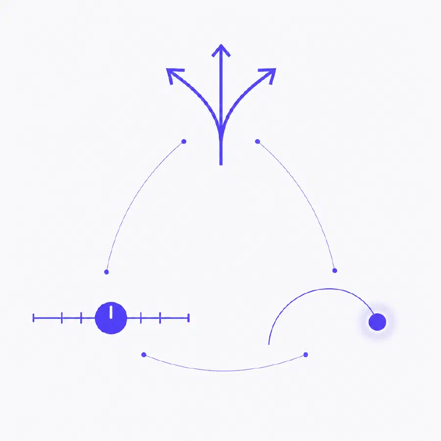 Ilustração flat: três nós de pergunta conectados em paralelo, cada um com um glifo diferente de decisão, em índigo sobre fundo claro