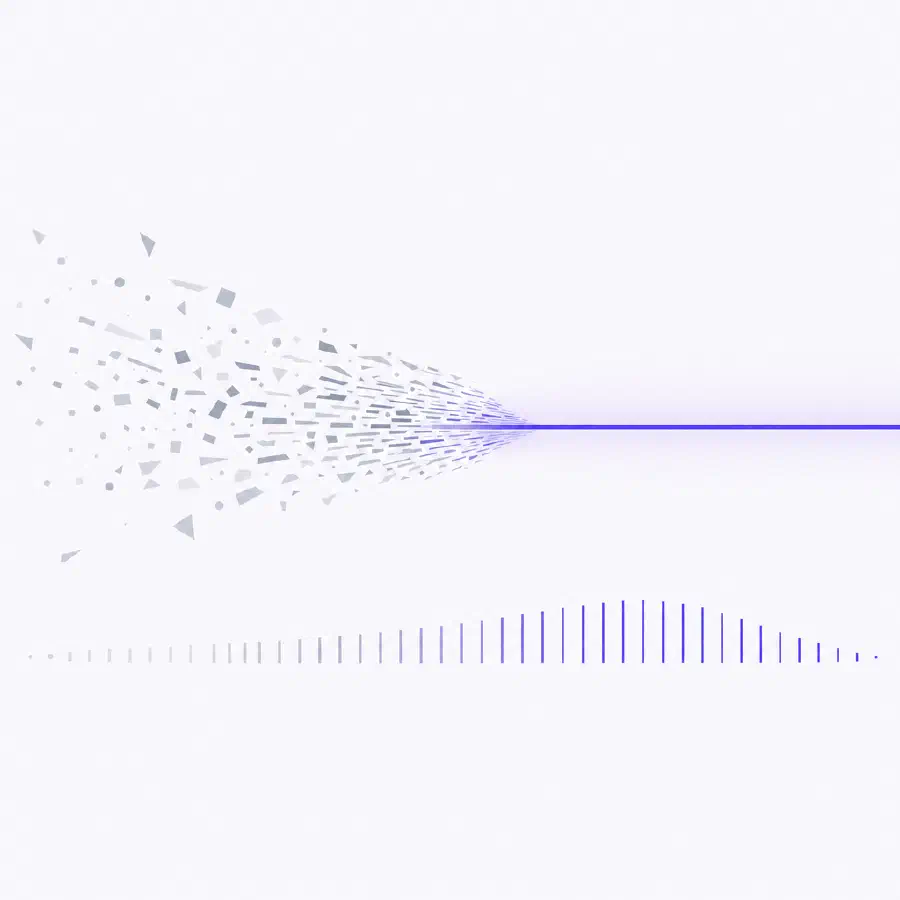 Ilustração flat: um fluxo contínuo atravessando uma régua de velocidade, com cartões de decisão saindo do lado direito, em índigo sobre fundo claro