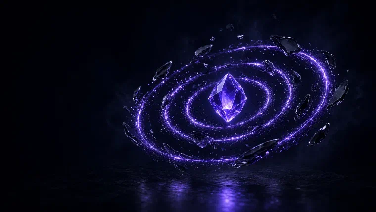 Cristal indigo incandescente cercado por anéis de luz em formação