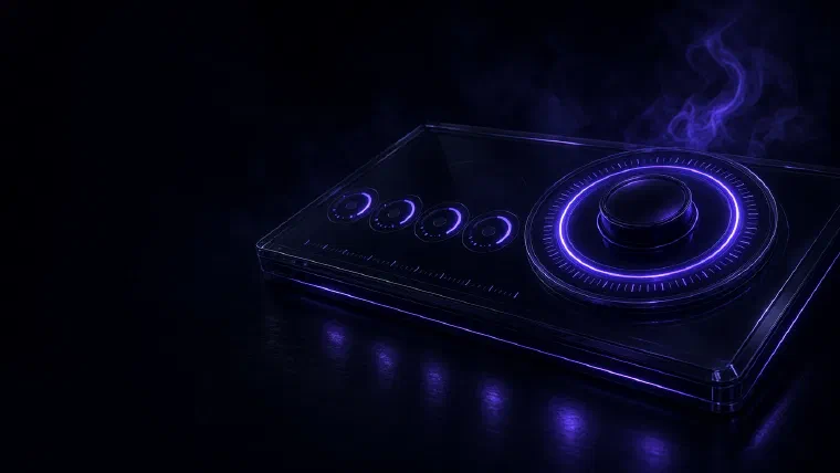 Console escuro com um dial de calibração indigo e medidores de confiança